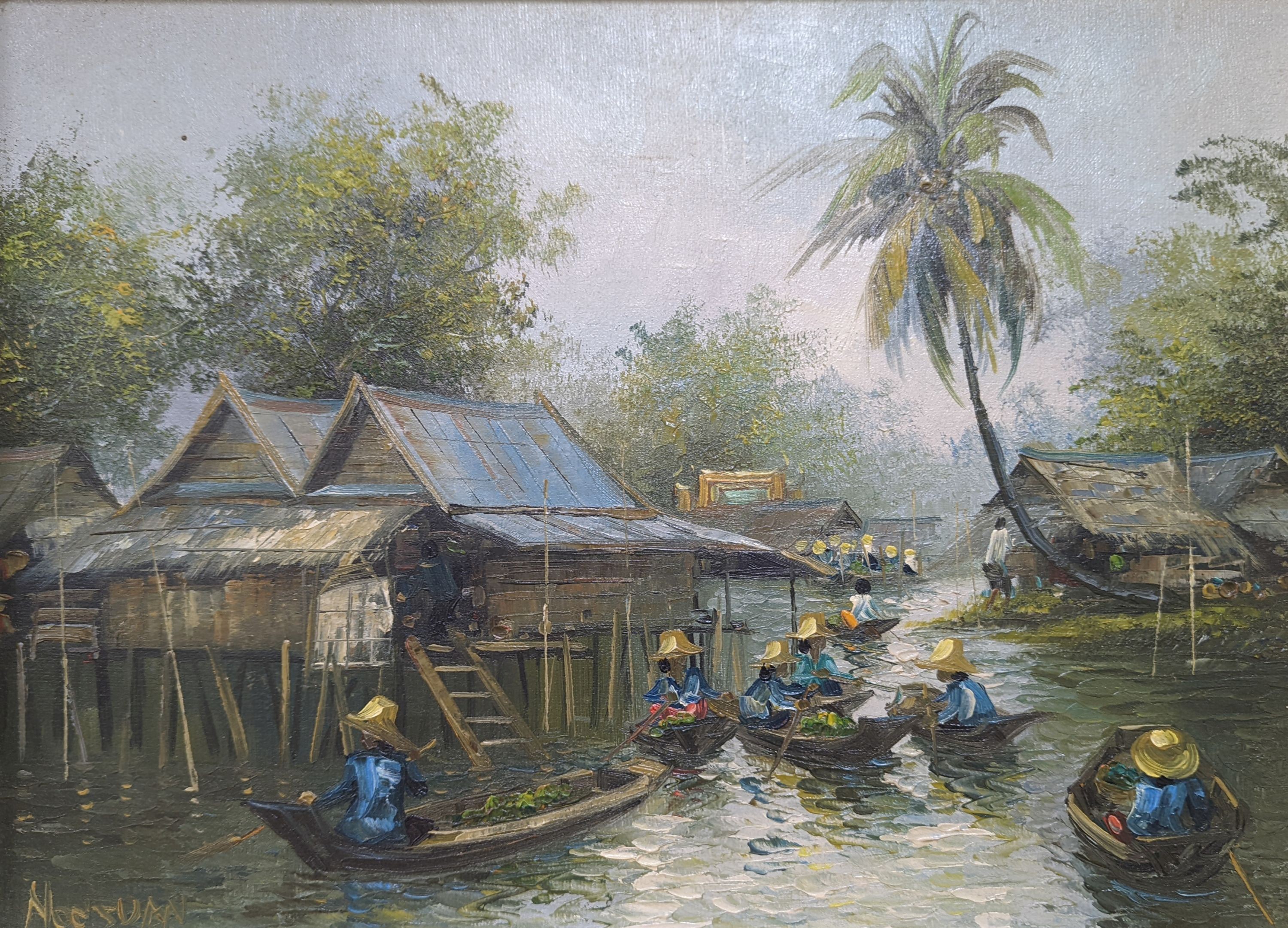 Nogsuan (b.1941), oil on canvas, Malaysian floating market, signed, 28 x 38cm